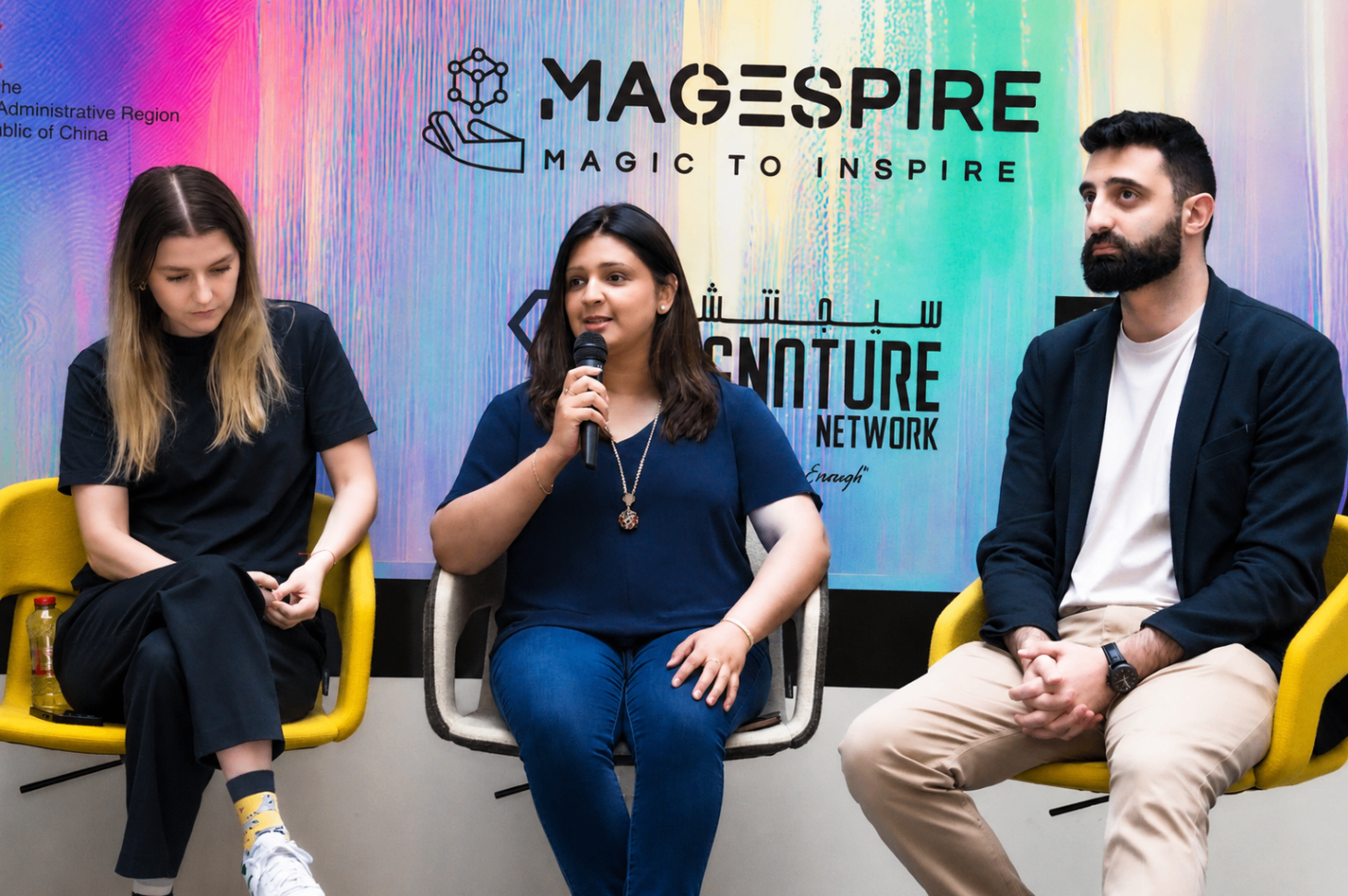 Samar moderating a panel at Game On in Dubai